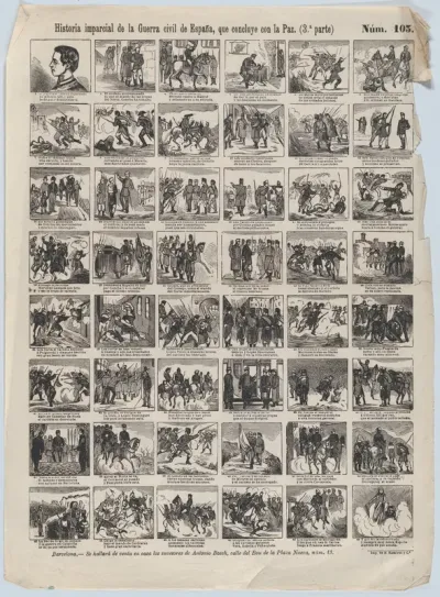 Broadside with 48 scenes telling the 'impartial' story of the civil war in Spain (Part 3)