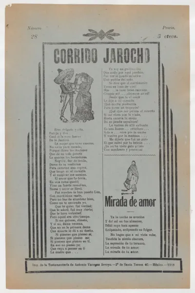 Broadside with two love ballads (corridos), figures dancing upper left and a woman wearing a shawl and skirt lower right