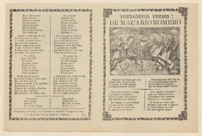 Broadside with verses regarding the military leader Macario Romero, who is shown on horseback riding alongside Indians