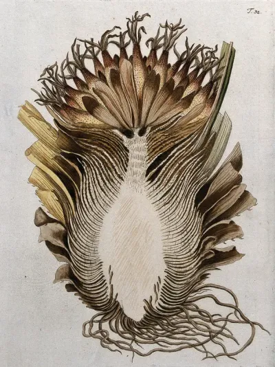 Bromelia karatas L.: longitudinal section of flowering stem with roots
