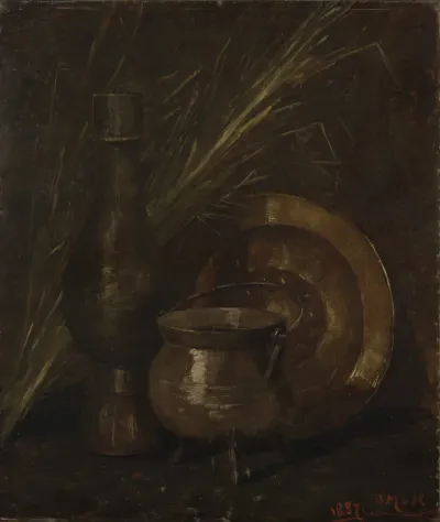 Bronze pot, brass dish and vase