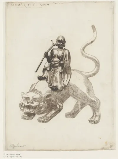 Bronzen beeld van een Japanse god (Sennin) op een leeuw