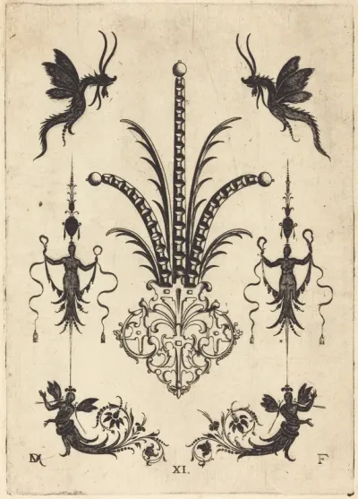 Brooch with Table-Stones, Winged Animals at Top, and Winged Human Beings at Bottom