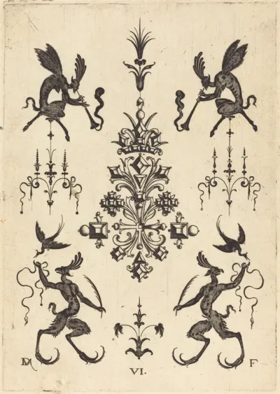Brooch with Winged Fauns Blowing Trumpets at Top and Fantasy Creatures with Birds at Bottom