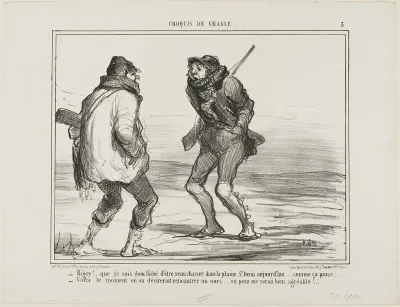 “- Brrrr! I am furious that I came here to hunt in the St. Denis-Plain. It's just too cold!… - One of those days when you would love to catch a bear. His fur would be more than welcome right now!,” plate 3 from Croquis De Chasse