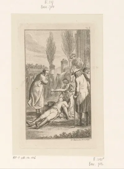 Brückner bewusteloos op de grond na het zien van de begrafenisstoet