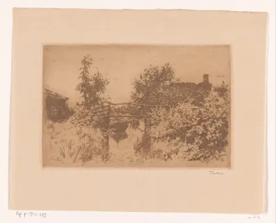 Brug over een vaart in landschap met bomen, huizen en struikgewas