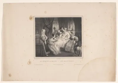 Bruid in bed met man en vrouwen in een kamer