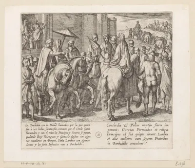 Bruiloftsgasten vertrekken uit Burgos, Gonzalo Gustos blijft bij Ruy Velazquez terwijl de infanten doña Lambra naar Barbadillo begeleiden