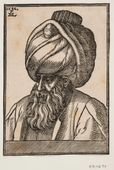 Brystbillede af mand med fuldskæg og turban, 3/4-profil t.v.