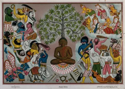 Buddha, resisting the demons of Mara, who are attempting to prevent him from attaining enlightenment, as angels watch from above