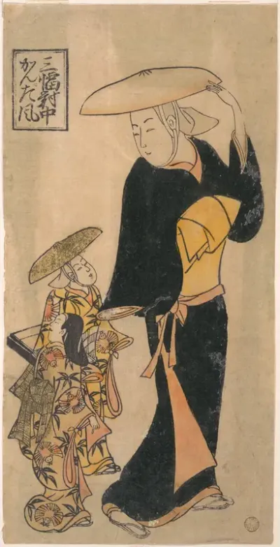 Buddhist Nun Speaking to Two Little Girls who are Following Her