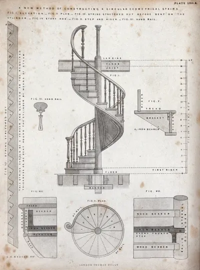 Building: plan, elevation, and diagrams of a circular staircase