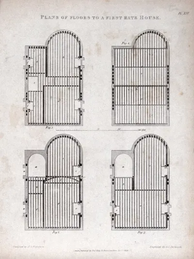 Building: plans of the four floors of a town house, showing the layout of flooring joists