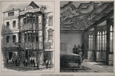 Buildings in Bishopsgate, London, including the Free Hospital and Sir Paul Pindar's house: view of the facade when in use as a tavern, and the interior of the parlour