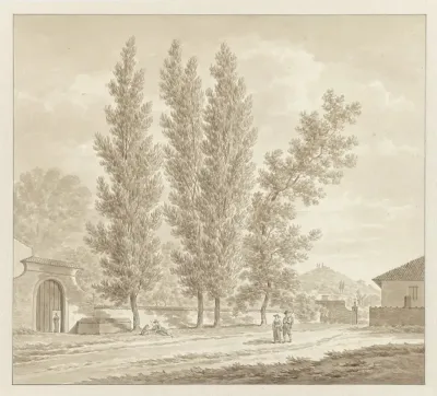 Buiten de Porta Castiglione, Bologna, met rechts in de verte de kerk van de Madonna del Monte