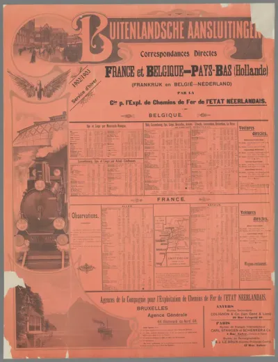 Buitenlandsche aansluitingen. Correspondances directes France et Belgique - Pays-Bas Holland par la Cie. p. l'Expl. de Chemins de Fer de l'Etat Neerlandais. 1902-1903 Service d'hiver.