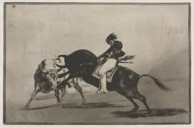 Bullfights:  The Same Ceballos Mounted on Another Bull Breaks Short Spears in the Ring at Madrid