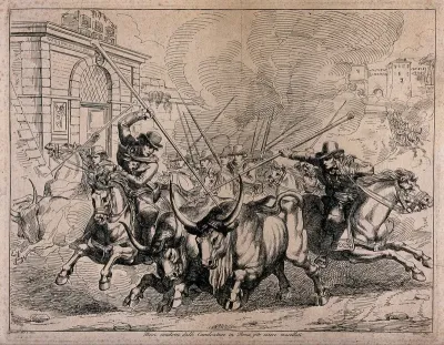 Bulls being gored and rounded-up by men on horseback for slaughter in Rome