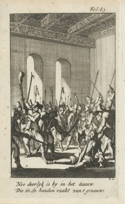 Burgemeester Filips van den Brande mishandeld door de opstandige boeren in het stadhuis, 1672