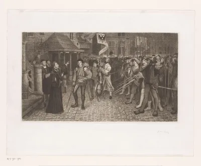 Burgemeester Lancelot van Ursel geeft schepen Cornelis van Spangen het bevel over de burgerwacht