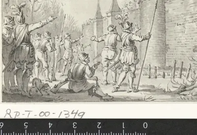 Burgers van Haarlem werpen een ton met elf hoofden over de stadsmuur tijdens het beleg in 1573