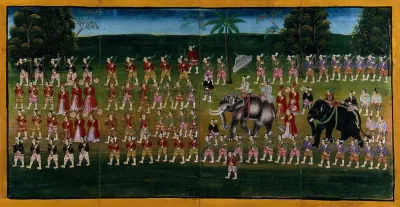 Burma: a king passing in procession on an elephant, preceded by guardsmen and courtiers