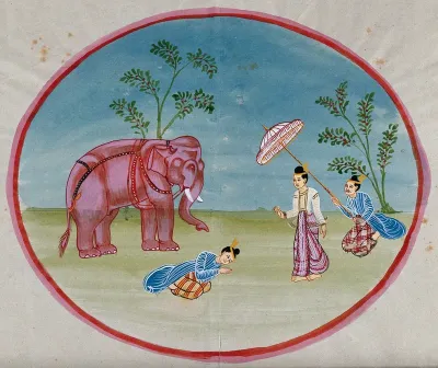 Burma: a lady attended by a servant bringing an elephant and another servant holding a parasol
