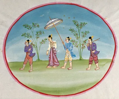 Burma: a lady attended by two standing bodyguards and by a servant holding a parasol