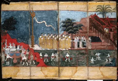 Burma: a monastery with ascetics or holy men outside; a group of monks giving or receiving pots; a mast with a snake descending from it; people processing foodstuffs