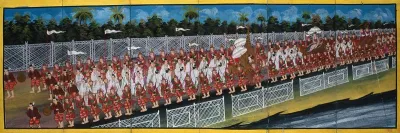Burma: a procession of courtiers over a bridge accompanying royal persons in carriages