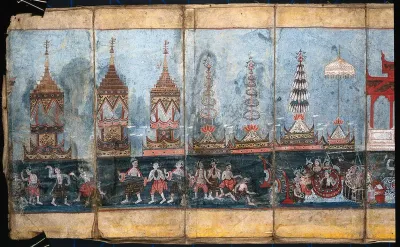 Burma: a sanctuary (?) with towers, temples, musicians and dancers