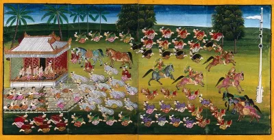 Burma: horsemen demonstrating their skill with the javelin as courtiers pay homage to the king