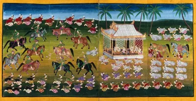 Burma: horsemen play polo as courtiers pay homage to the king