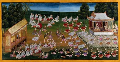 Burma: musicians and dancers perform while courtiers pay homage to a king