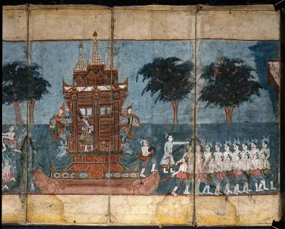 Burma: slaves (?) pulling a float towards the right