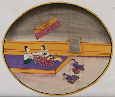 Burma: two figures reclining on a bed in a palace, while one servant swings a punkah and another pays homage