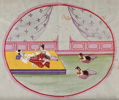 Burma: two figures reclining on a bed in a palace, while two servants pay homage