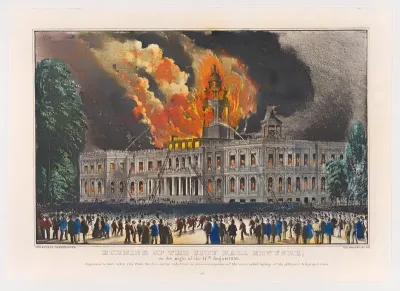 Burning of the City Hall New York, on the night of the 17th August 1858 – Supposed to have taken fire from the fire works exhibited in commemoration of the successful laying of the Atlantic telegraph cable