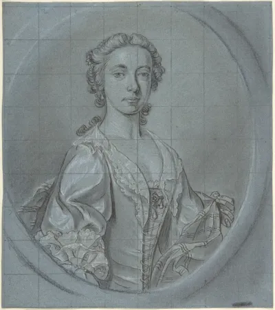 Bust-length portrait study of a young woman with a striped shawl