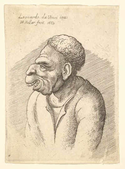 Bust of a man with hooked nose, prominent upper lip, open mouth and short curly hair
