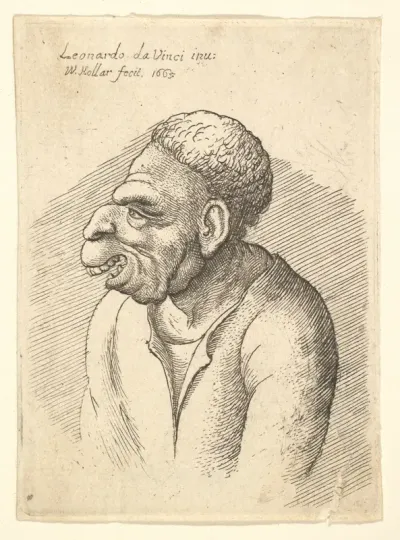 Bust of a man with hooked nose, prominent upper lip, open mouth and thick, short curly hair resembling wig in profile to left