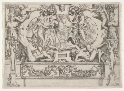 Bust of a woman flanked by three women on each side, set within an elaborate frame