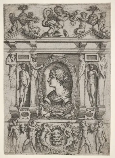 Bust of a woman in profile facing left, set in an elaborate frame with figures in niches at left and right