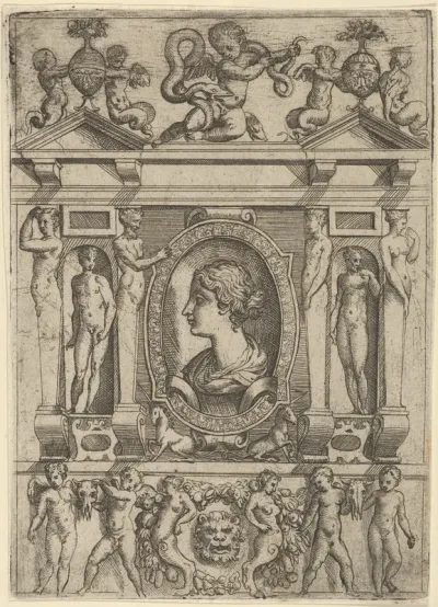 Bust of a woman in profile facing left, set in an elaborate frame with figures in niches