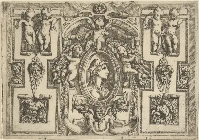 Bust of a woman in profile facing right, set within an elaborate frame with putti