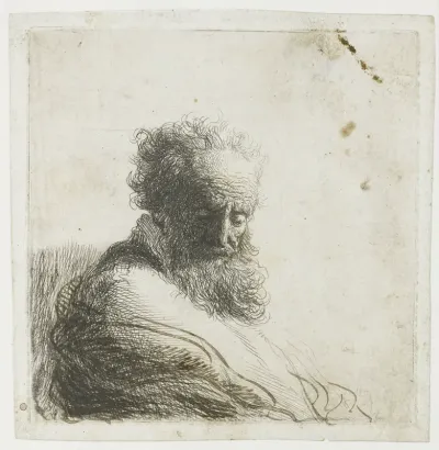 Bust of an old bearded man, looking down, three quarters right