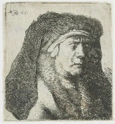 Bust of an old woman in a furred cloak and heavy headdress