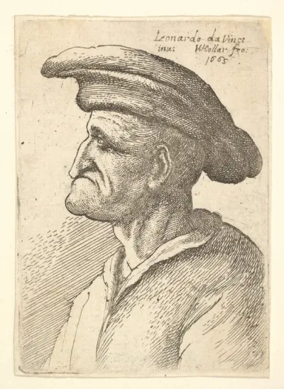 Bust of elderly man with nose that meets his lower lip, wearing wide flat cap in profile to left