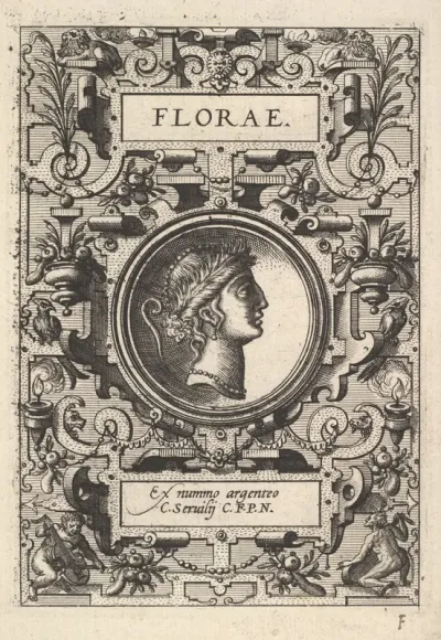 Bust of Florae surrounded by strapwork, from "Deorum dearumque"